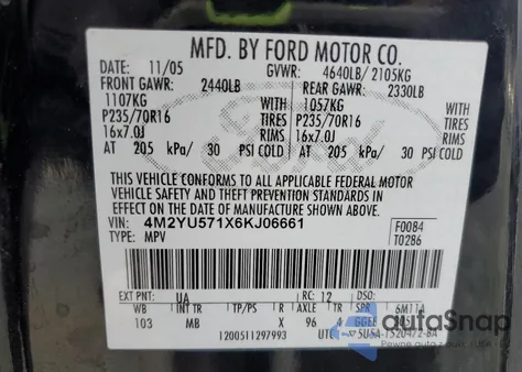 2006 Mercury Mariner z USA, uszkodzony, nr VIN 4M2YU571X6KJ06661